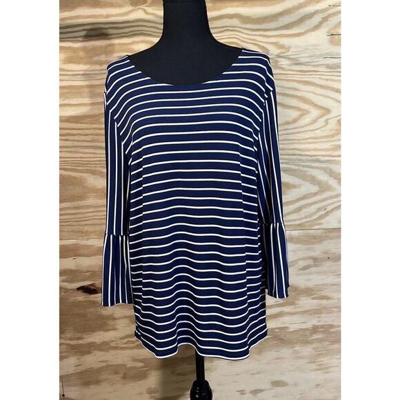 Chicos 2 Top Womens Large Blue White Striped Beach Coastal Nautical Stretch - Picture 1 of 8